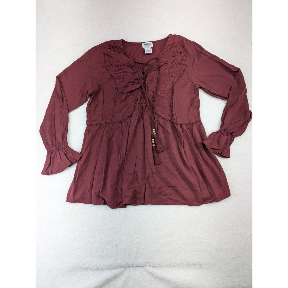 Monroe and‎ Main Women's Ruffle Burgundy Boho Peasant Top Embroidered Lace-Up M